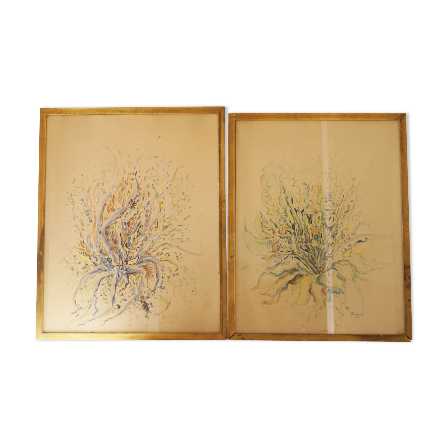 Pair of vintage paintings 1950 frame gilded wood