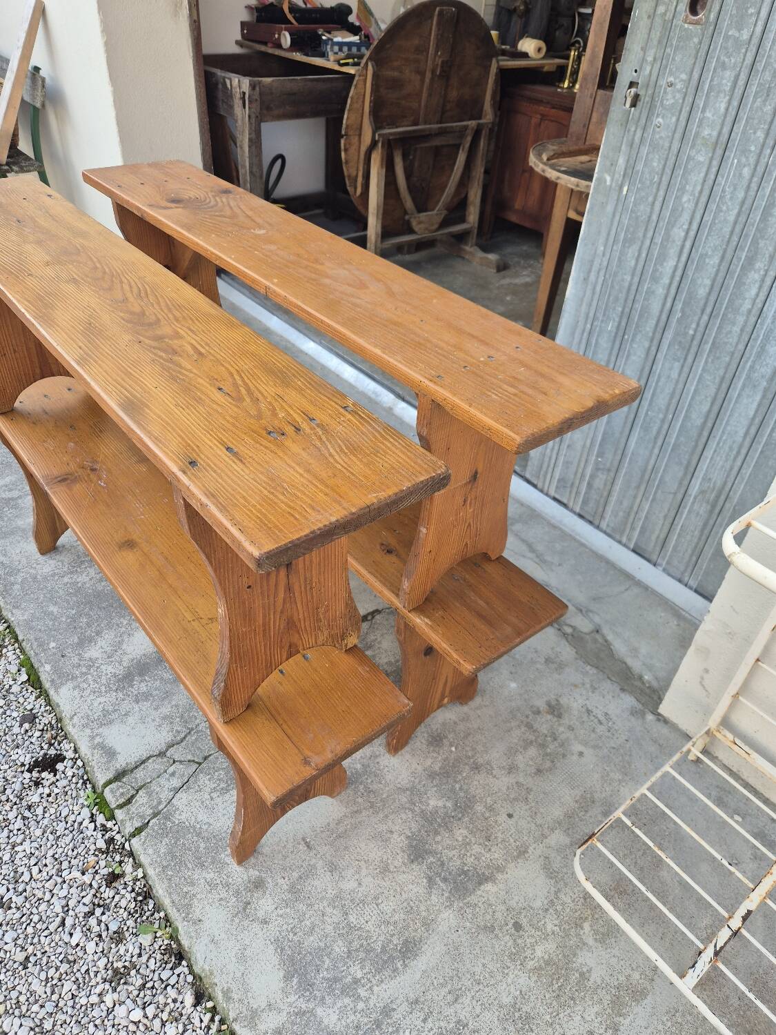 Set of 4 farm benches in old fir 1950s - 1m30