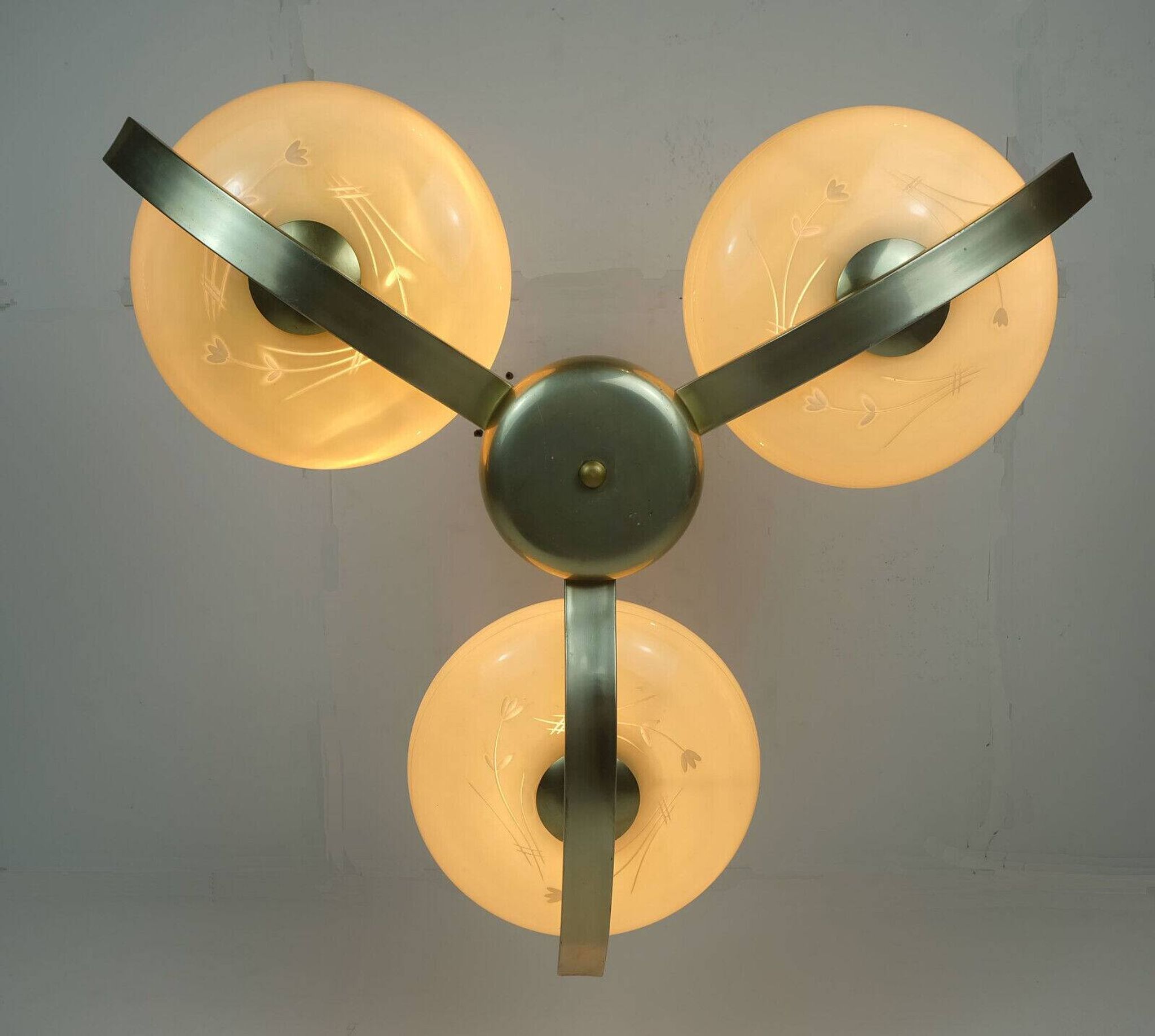 Art deco ceiling light with 3 glass shades 1930s 40s glass and metal 30s avantgarde design