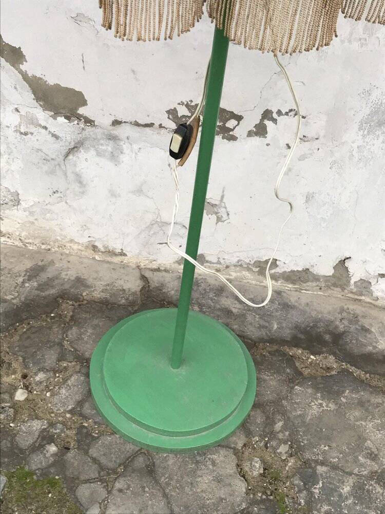 Mid-century green plastic and wood floor lamp, coral fringed shade (1950s)