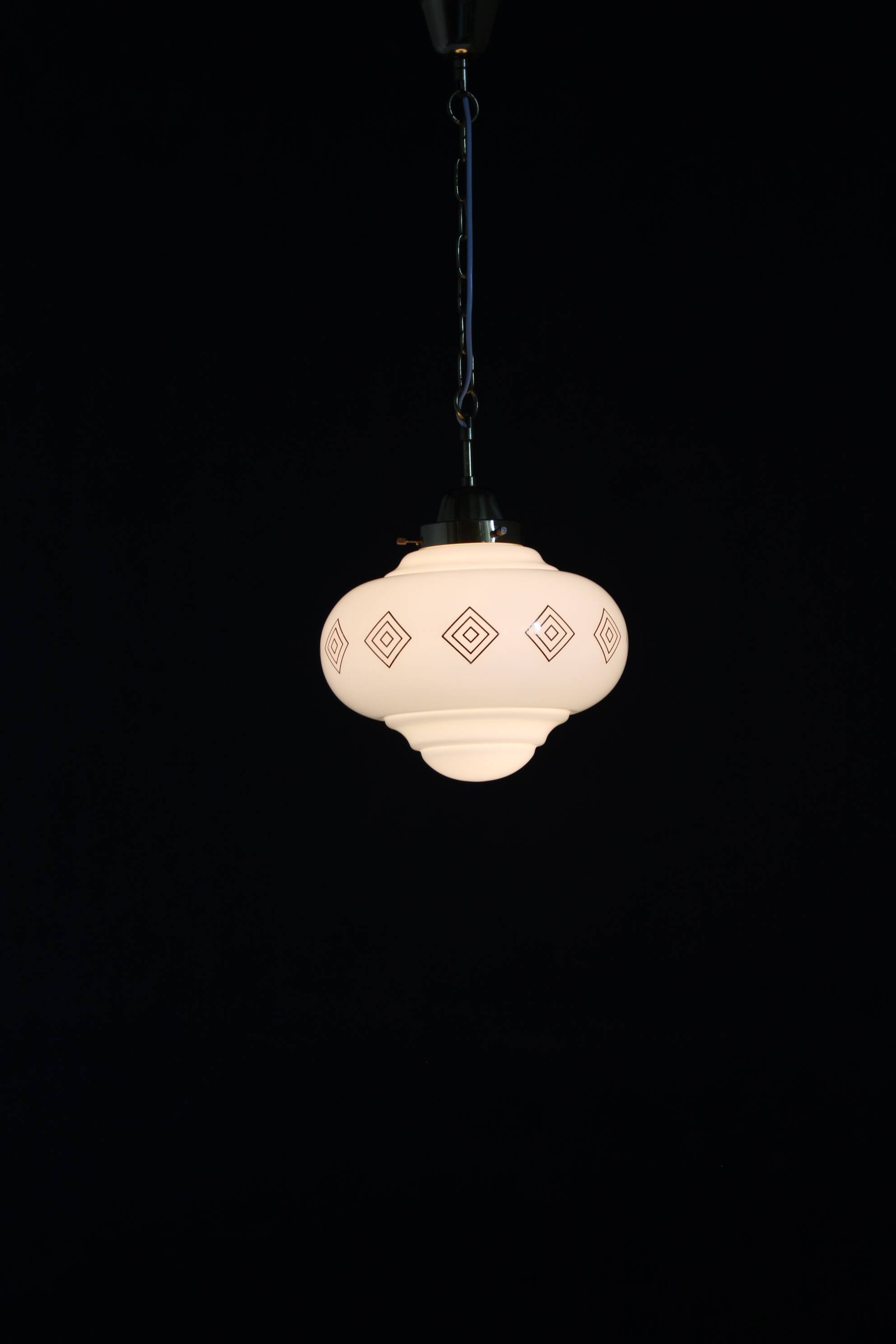1970s Glass Pendant Light with Brass Chain , Czechoslovakia