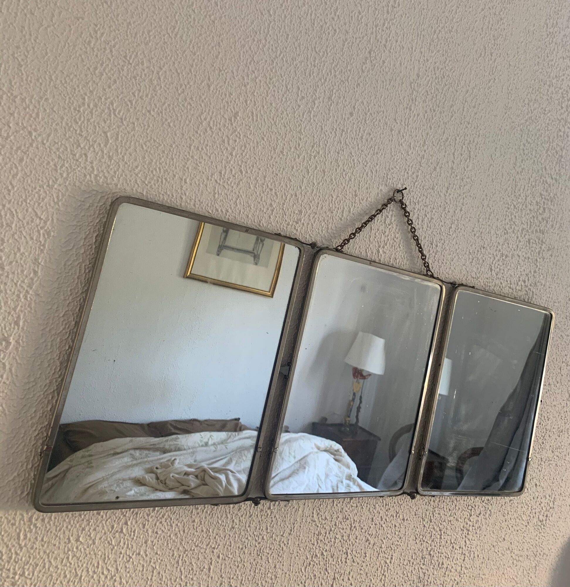 Miroir vintage 1930 triptyque de barbier Art Déco tissu - 31 x 77 cm
