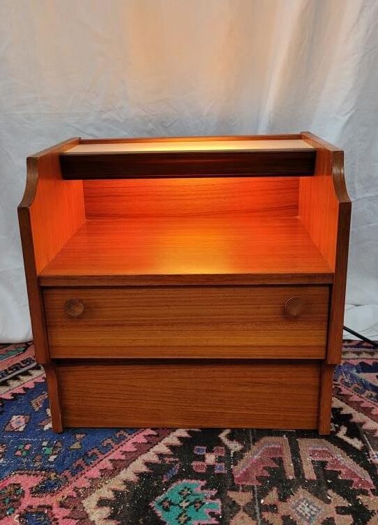 Bedside wood veneered teak, illuminating, 70s