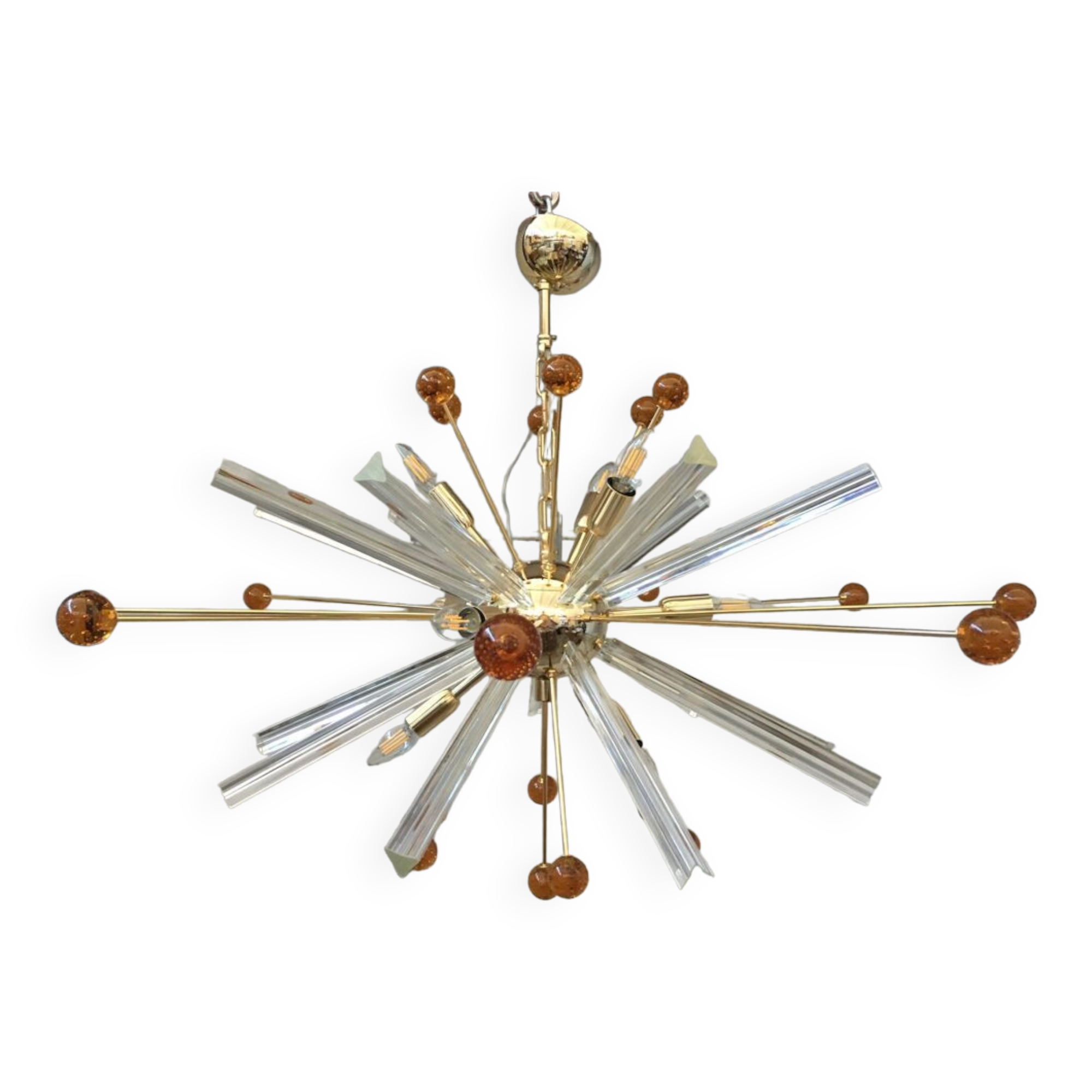Transparent “triedro” and amber spheres murano glass oval sputnik chandelier