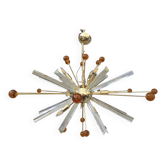 Lustre spoutnik en verre de murano transparent « triedro et sphères ambrées »