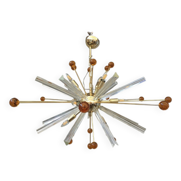 Transparent “triedro” and amber spheres murano glass oval sputnik chandelier