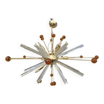 Transparent “triedro” and amber spheres murano glass oval sputnik chandelier