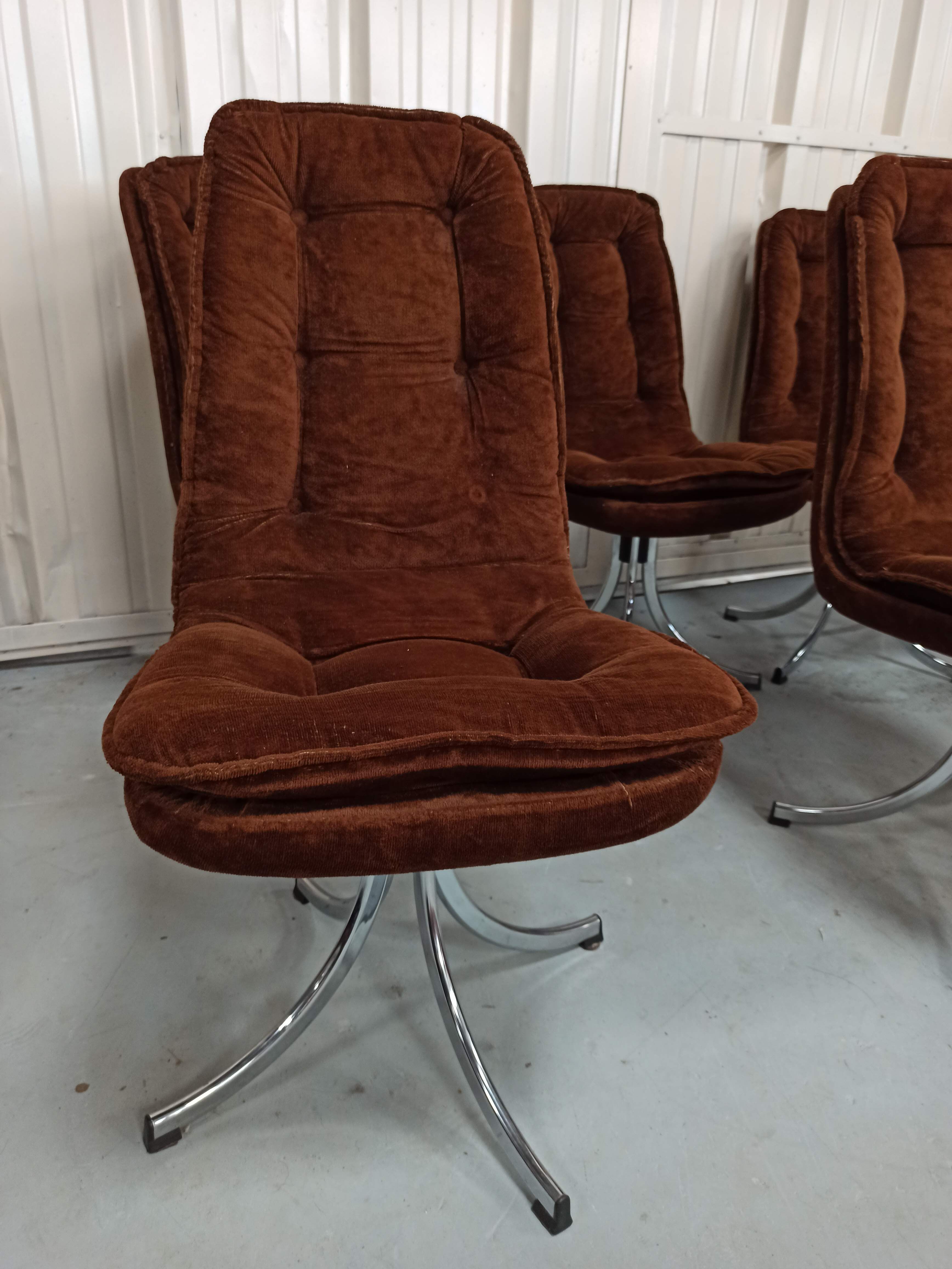 Set of 6 chrome velvet bucket chairs from the 70s