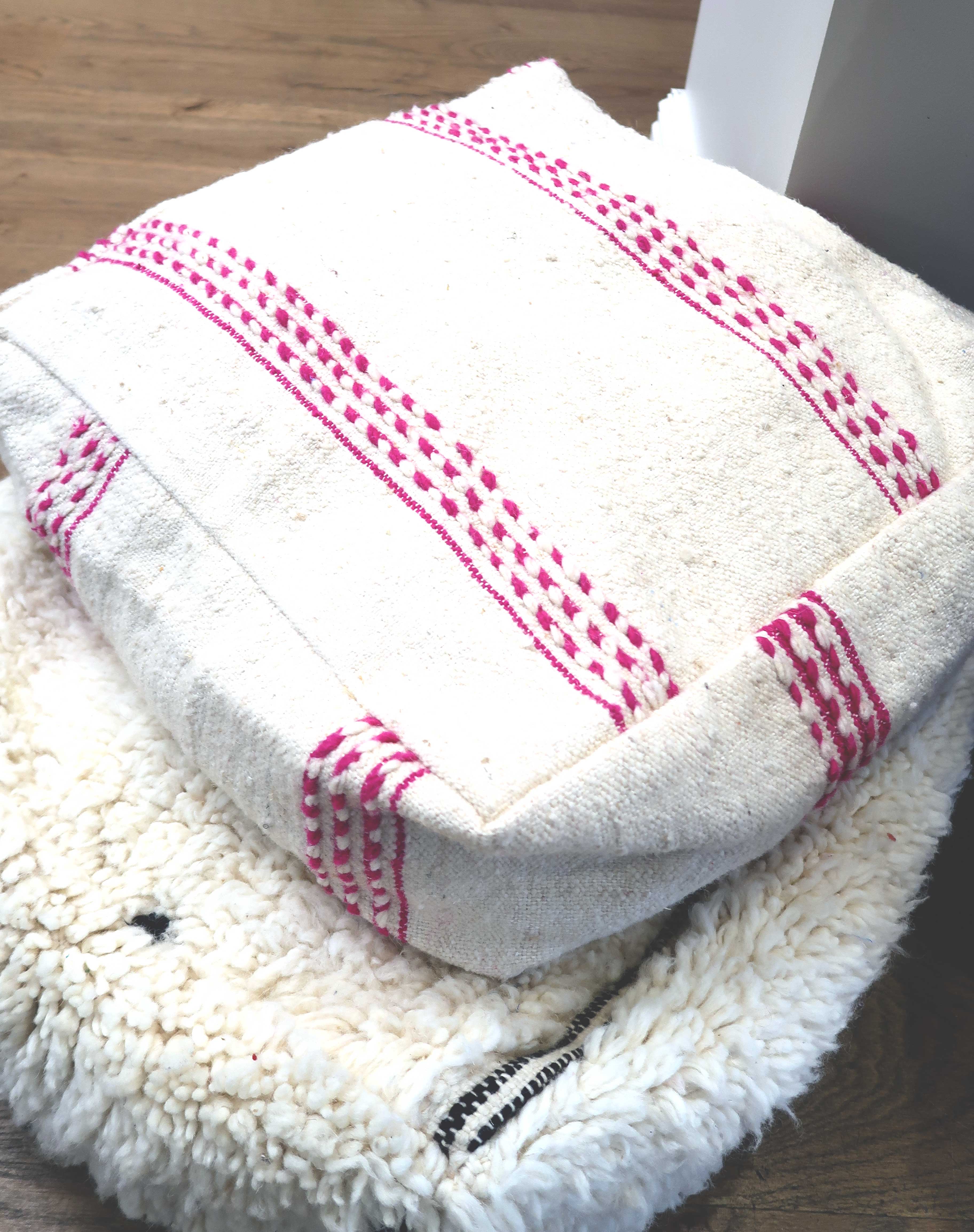 Berber kilim ottoman cover with fuchsia pink stripes