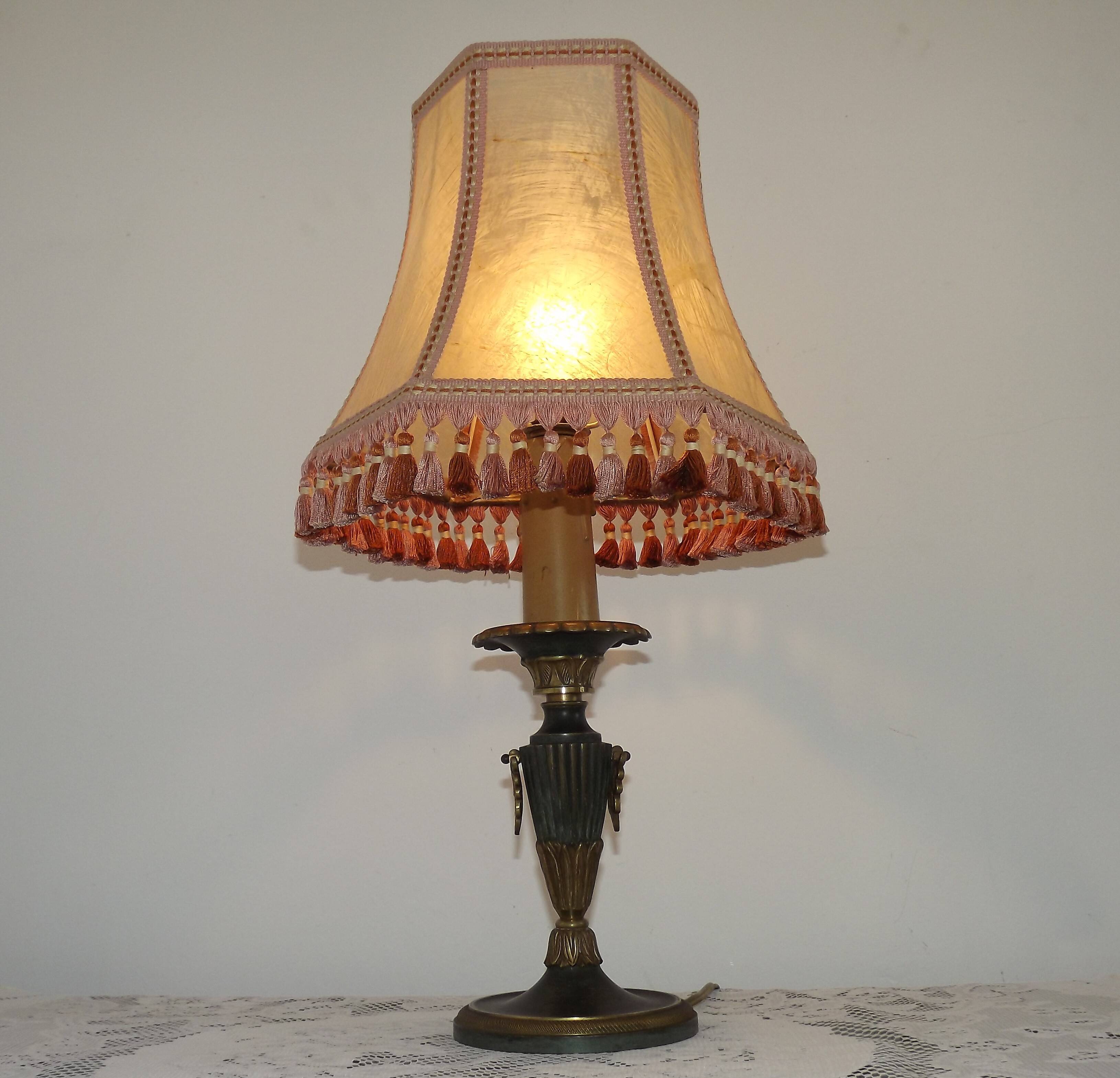 French Empire Style Green & Gold Brass Candlestick Table Lamp & Hide Shade