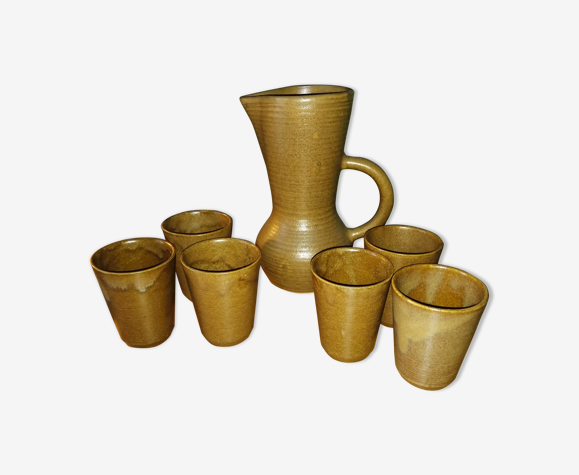 Ensemble cruche et gobelets en grès Digoin