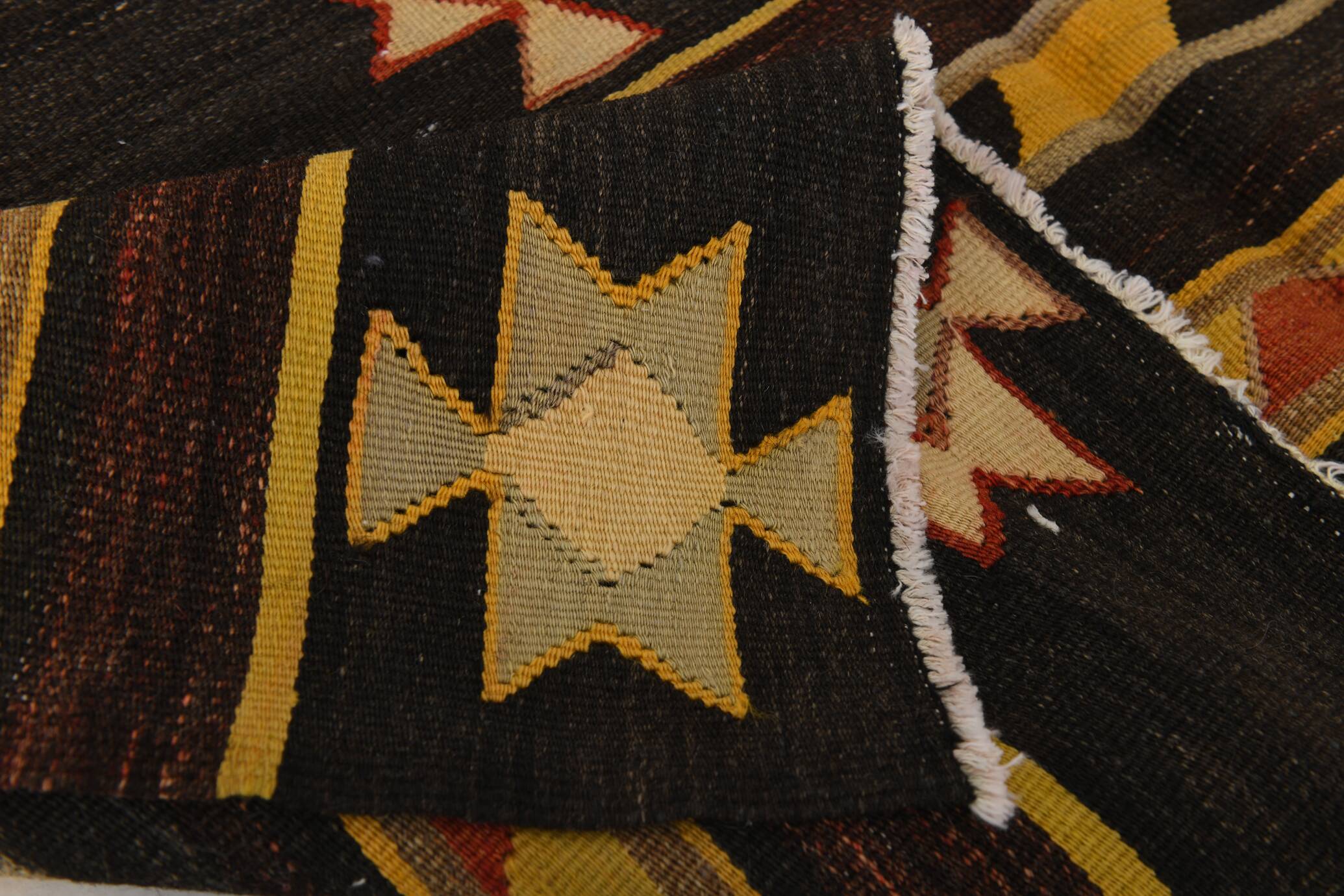 6x10 Dark Brown & Yellow Striped Handmade Wool Kilim Rug, 170x312 Cm