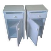 Pair of vintage blue painted wooden bedside tables, Germany 1950s, with drawer and door.