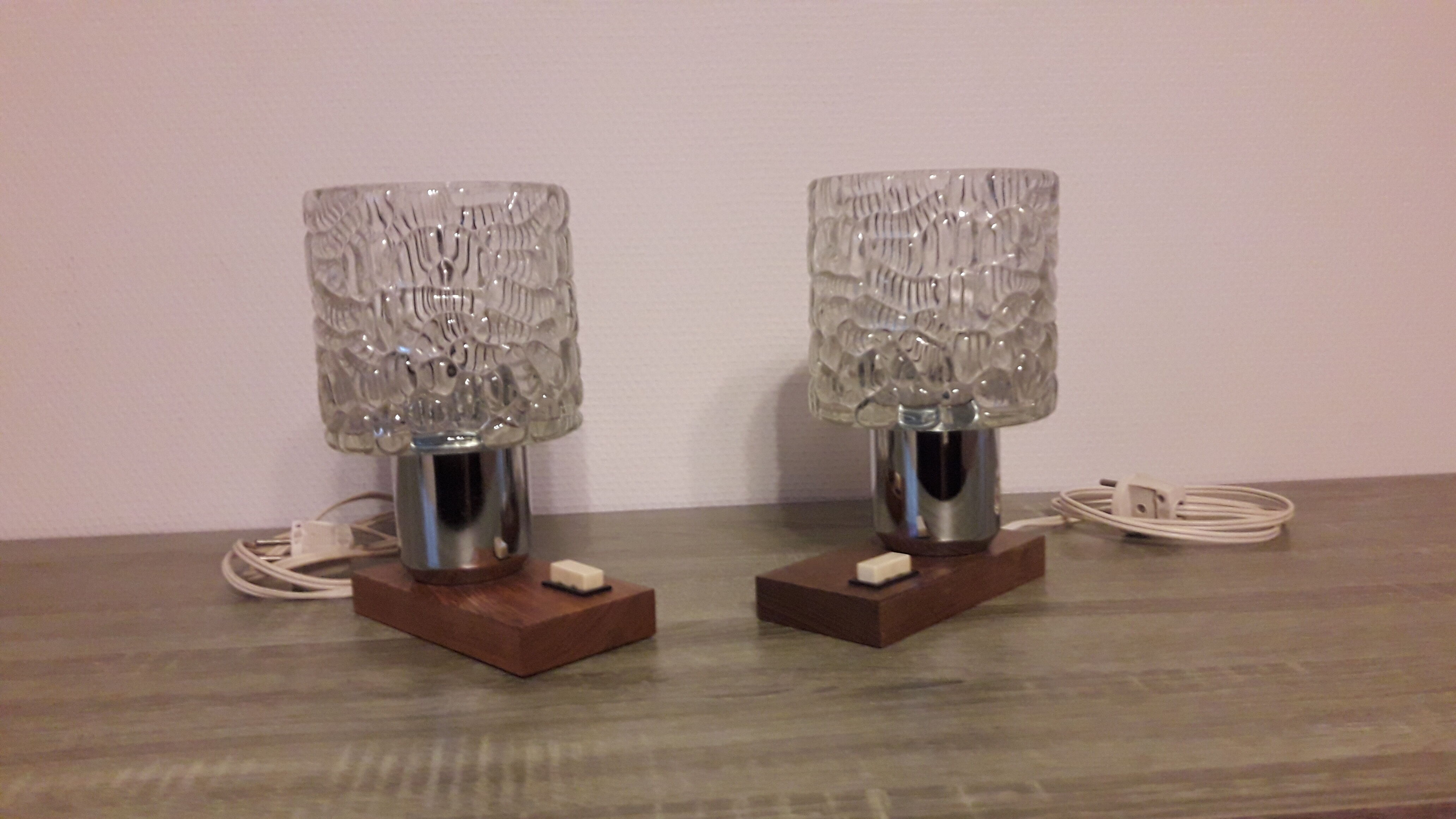 Pair of glass and wood bedside lamps
