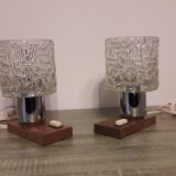 Pair of glass and wood bedside lamps