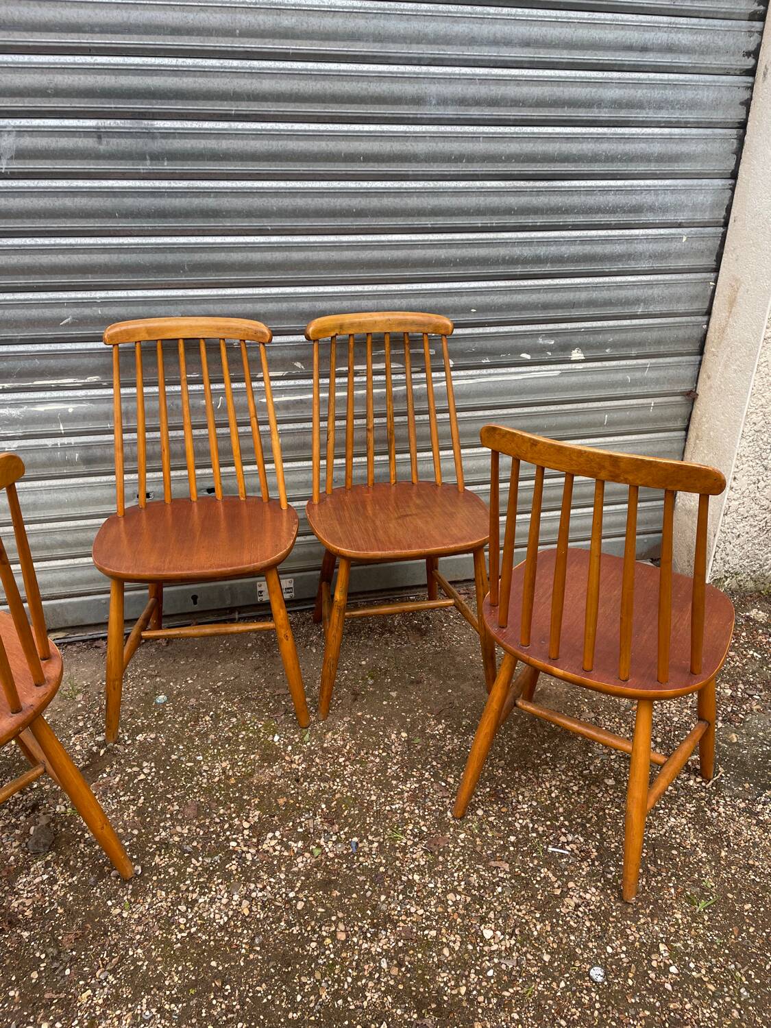Set of 4 vintage beech chairs with teak seat