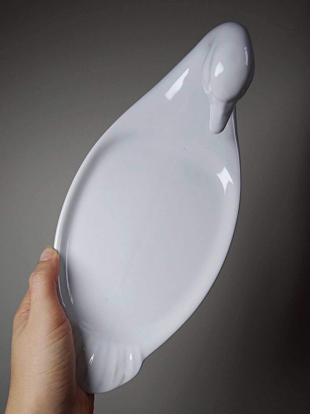 Vintage white faience foie gras platter in the shape of a goose, 1970s.