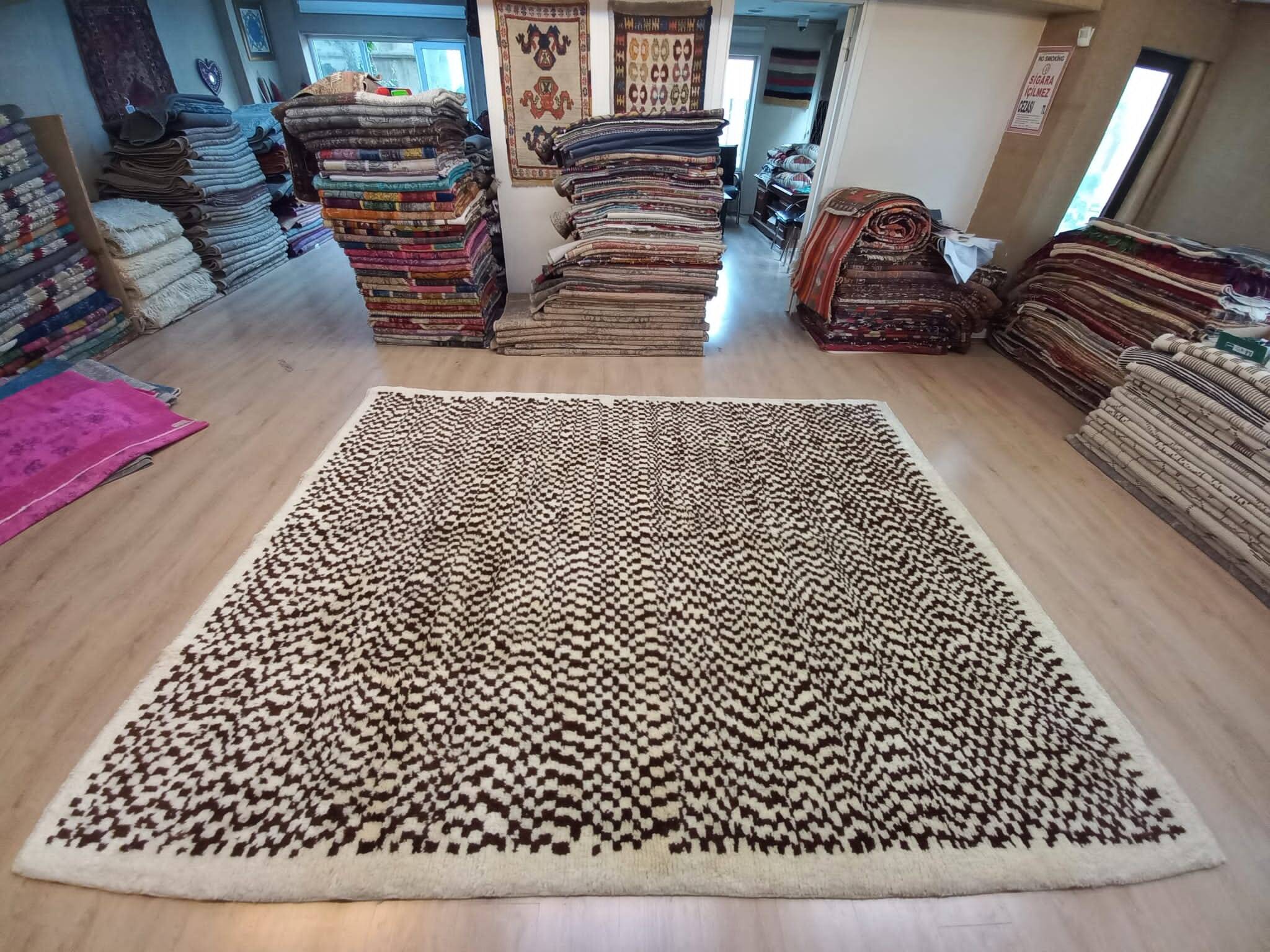 Handmade Tulu Rug, 100% Natural Un-Dyed Wool. Cream and Brown. Custom Options Available