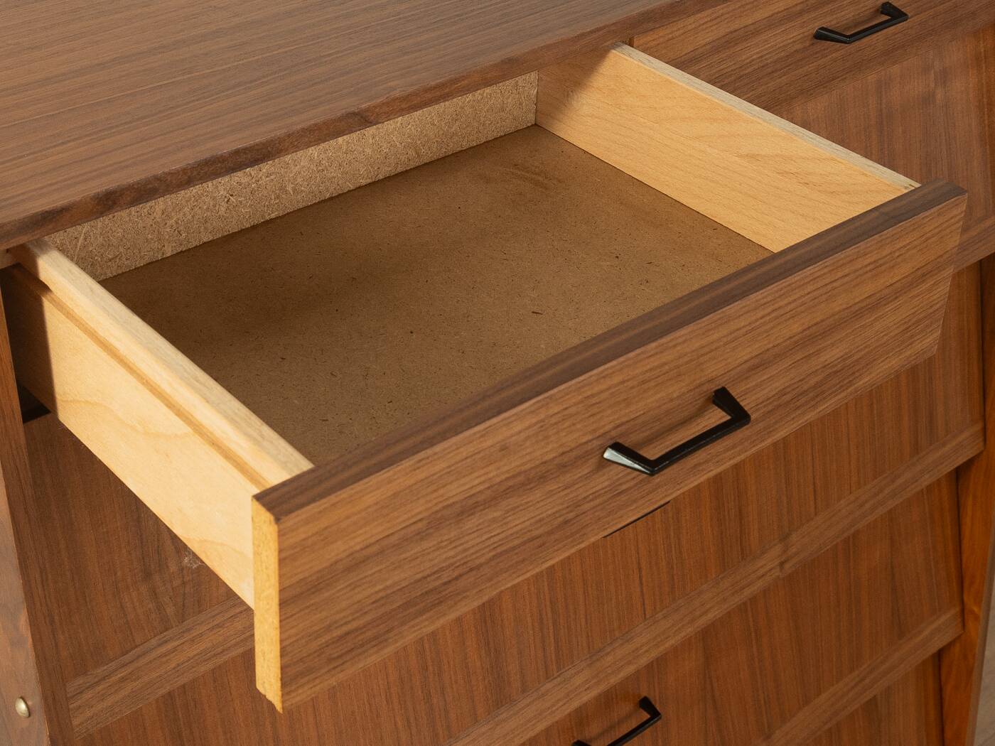 Classic shoe cabinet from the 1960s, walnut veneer, four drop-down doors, two drawers