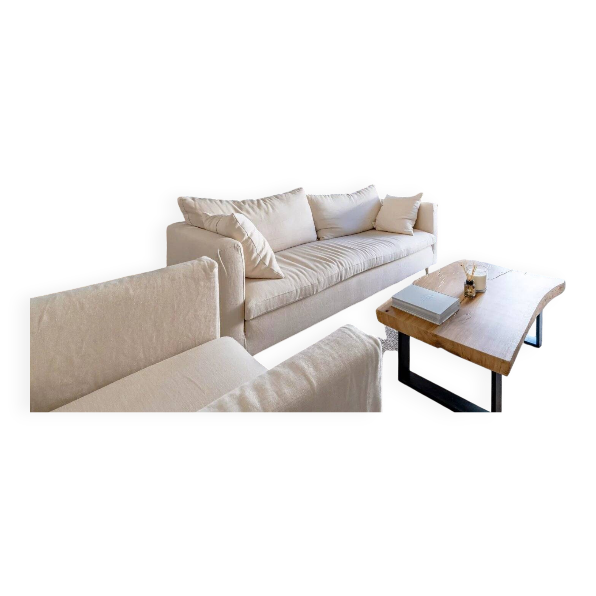 Beige linen sofa and armchair with stain-resistant treatment