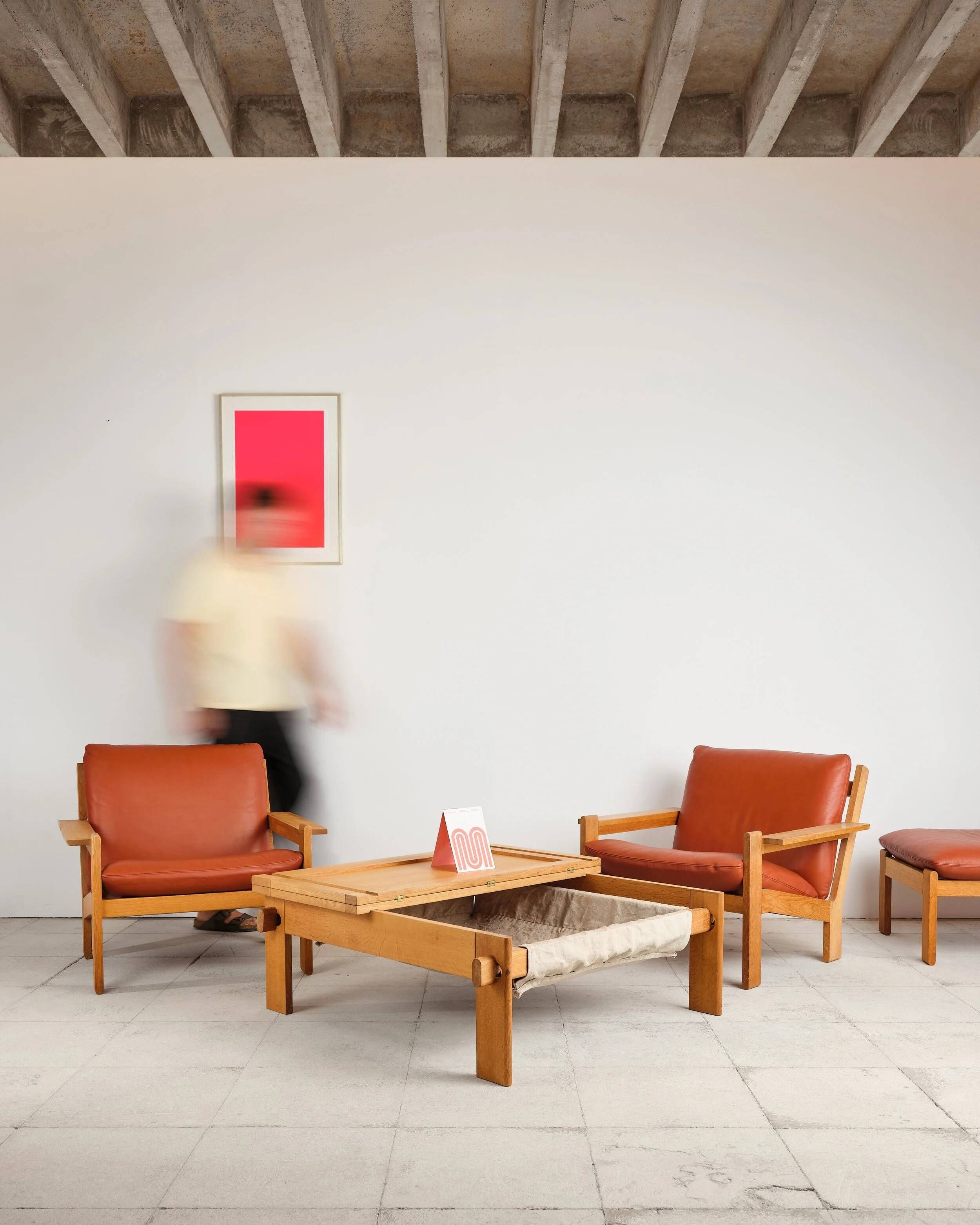 Brutalist oak and leather sofa, Tage Poulsen, 4 pieces, Denmark, 1970s.