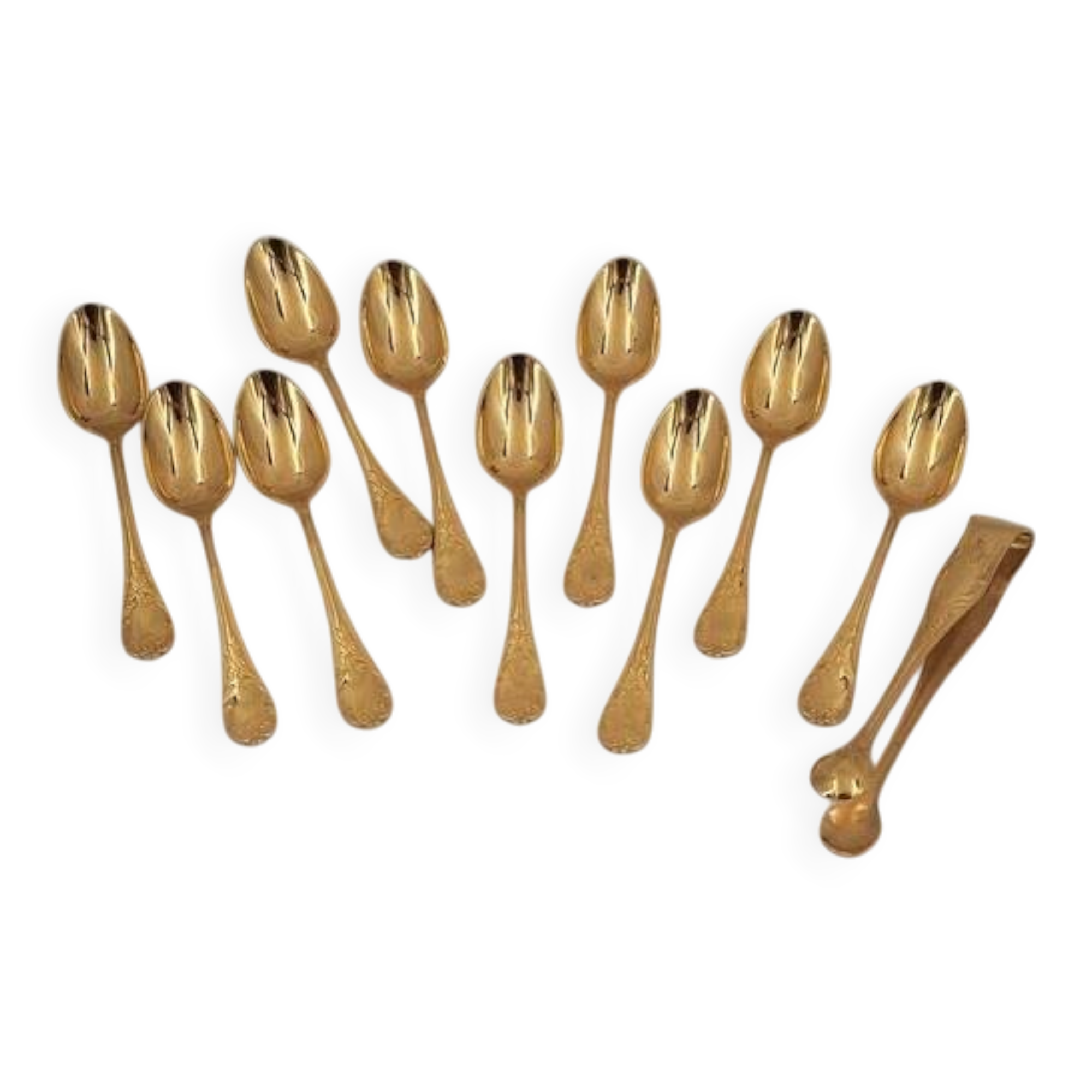 Christofle Marly gold, 10 mocha spoons, coffee, 10 cm + gold metal sugar tongs