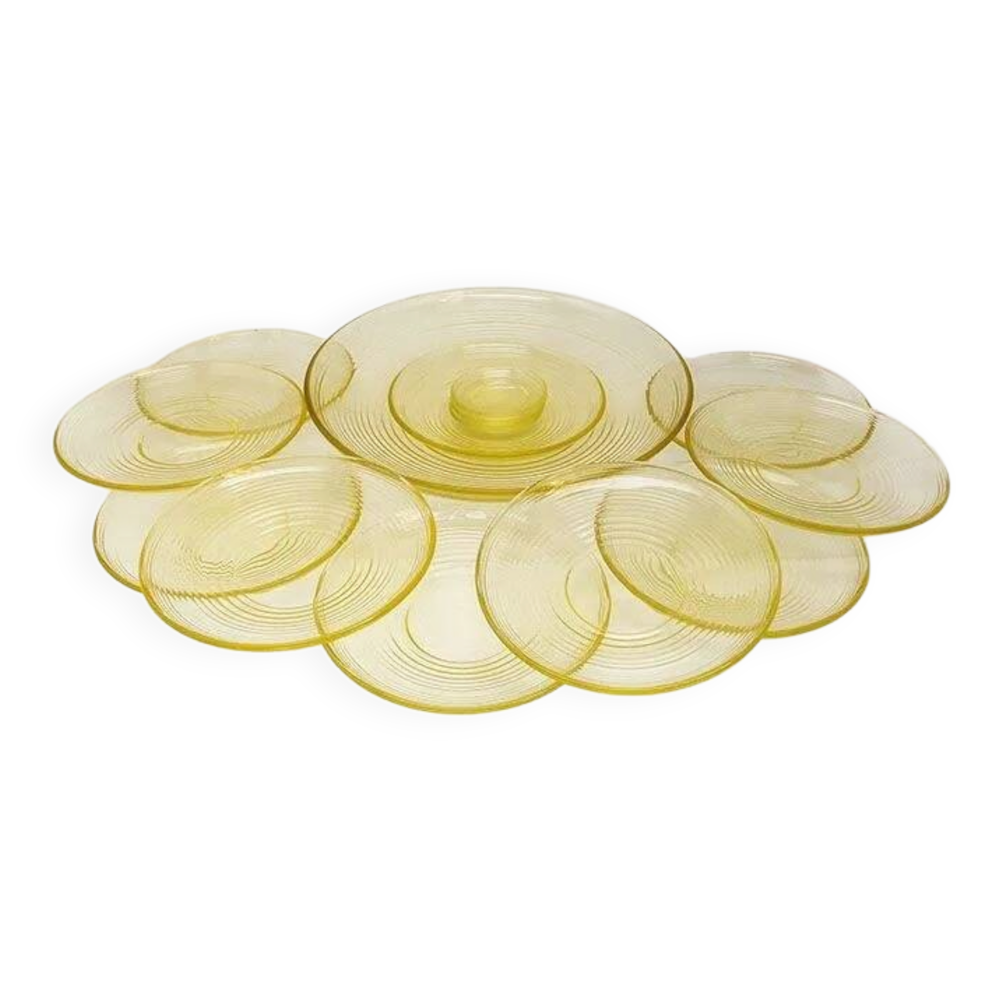 10 assiettes, un grand plat central et 4 sous-verres