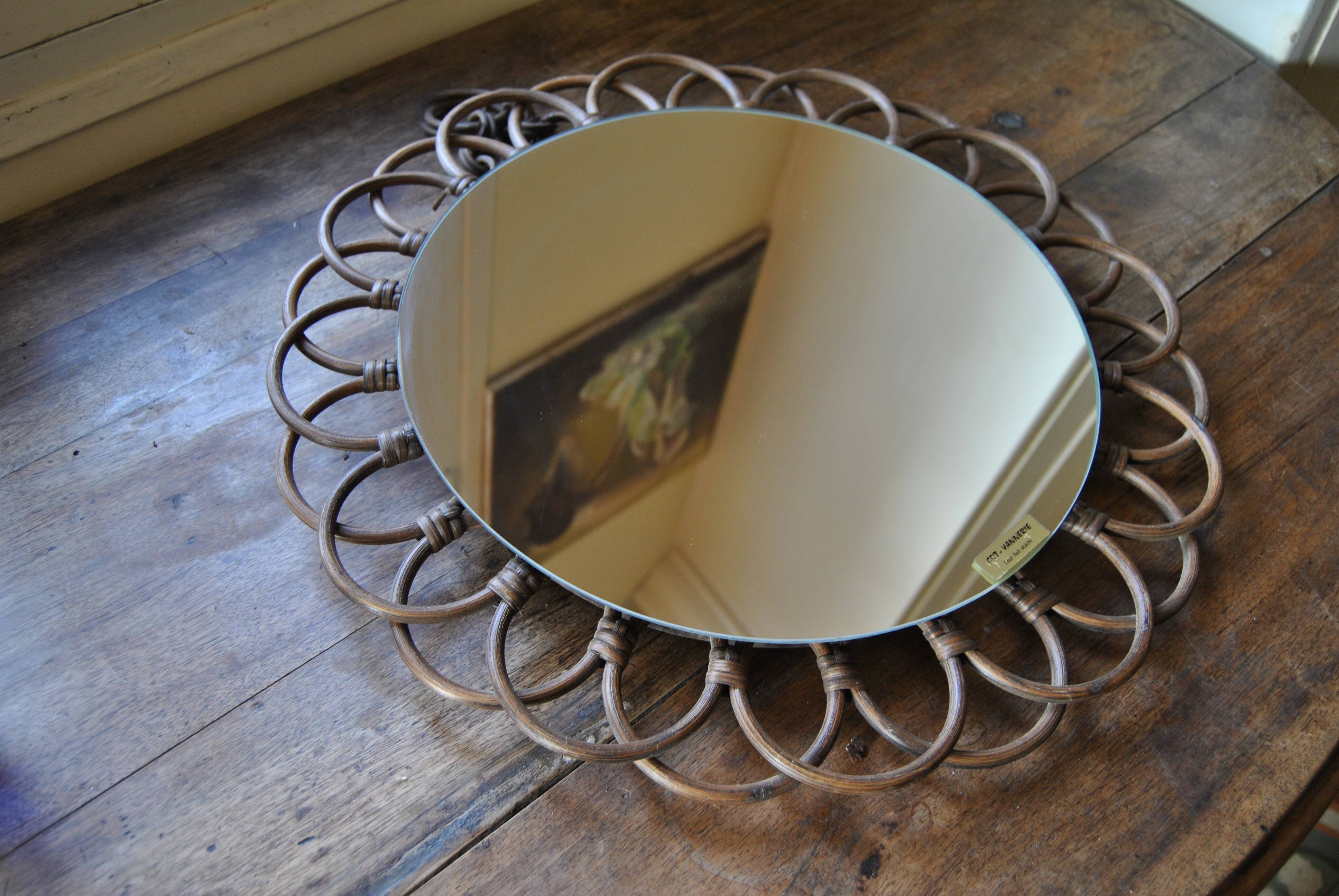 Rattan mirror "art vannerie" 60s 54cm