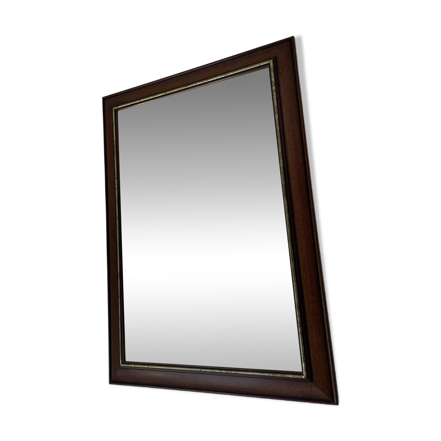 Vintage bevelled wall mirror in stained wood and brass