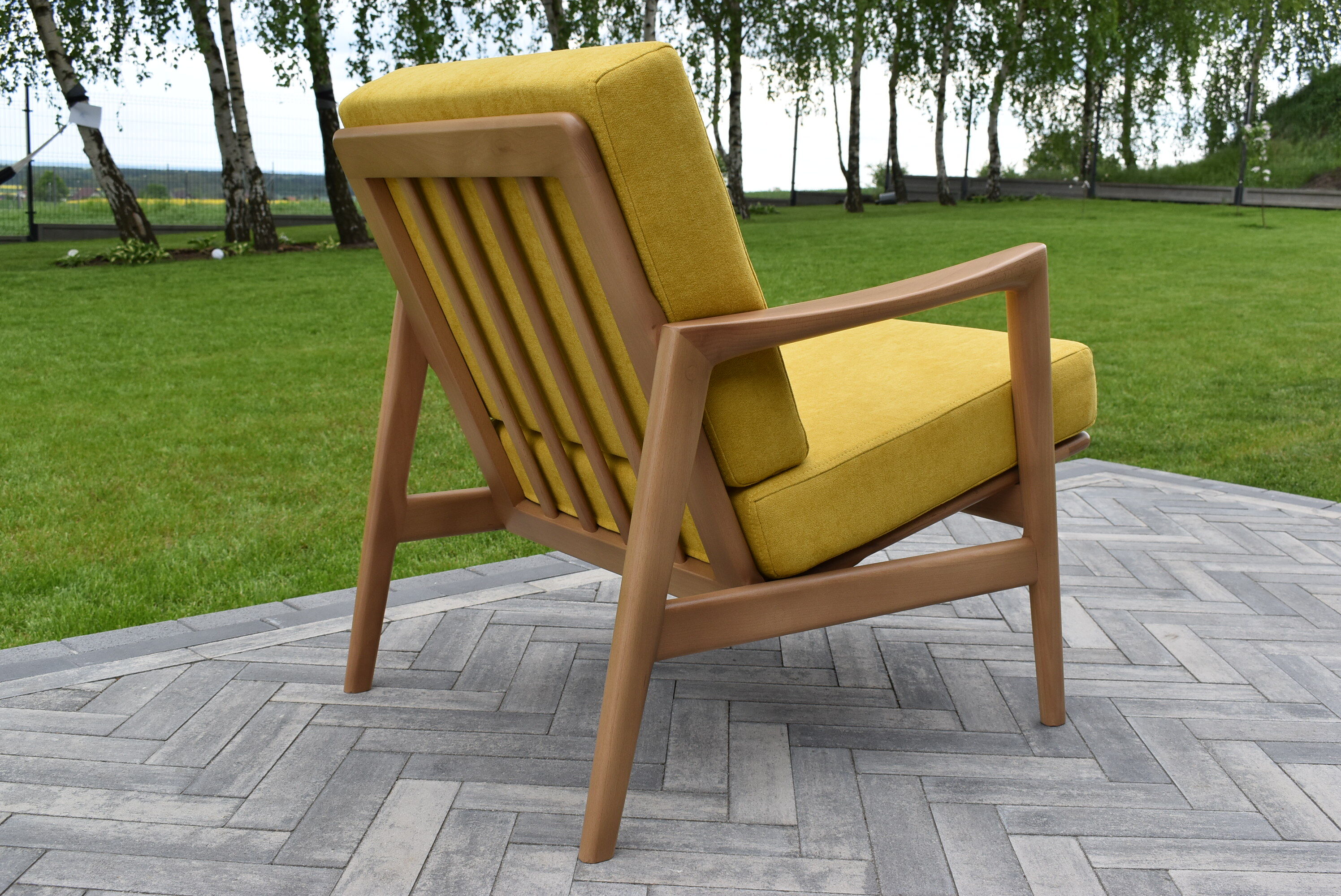 Scandinavian armchair, yellow fabric, natural wood