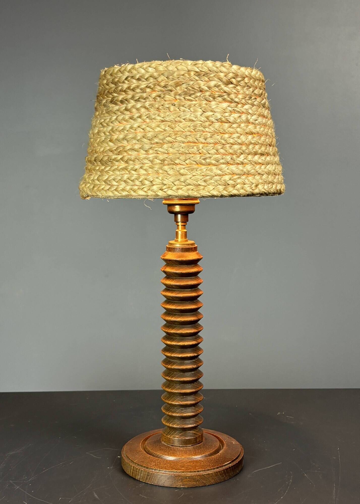 Midcentury French brutalist wood turned table lamp, Charles Dudouyt style