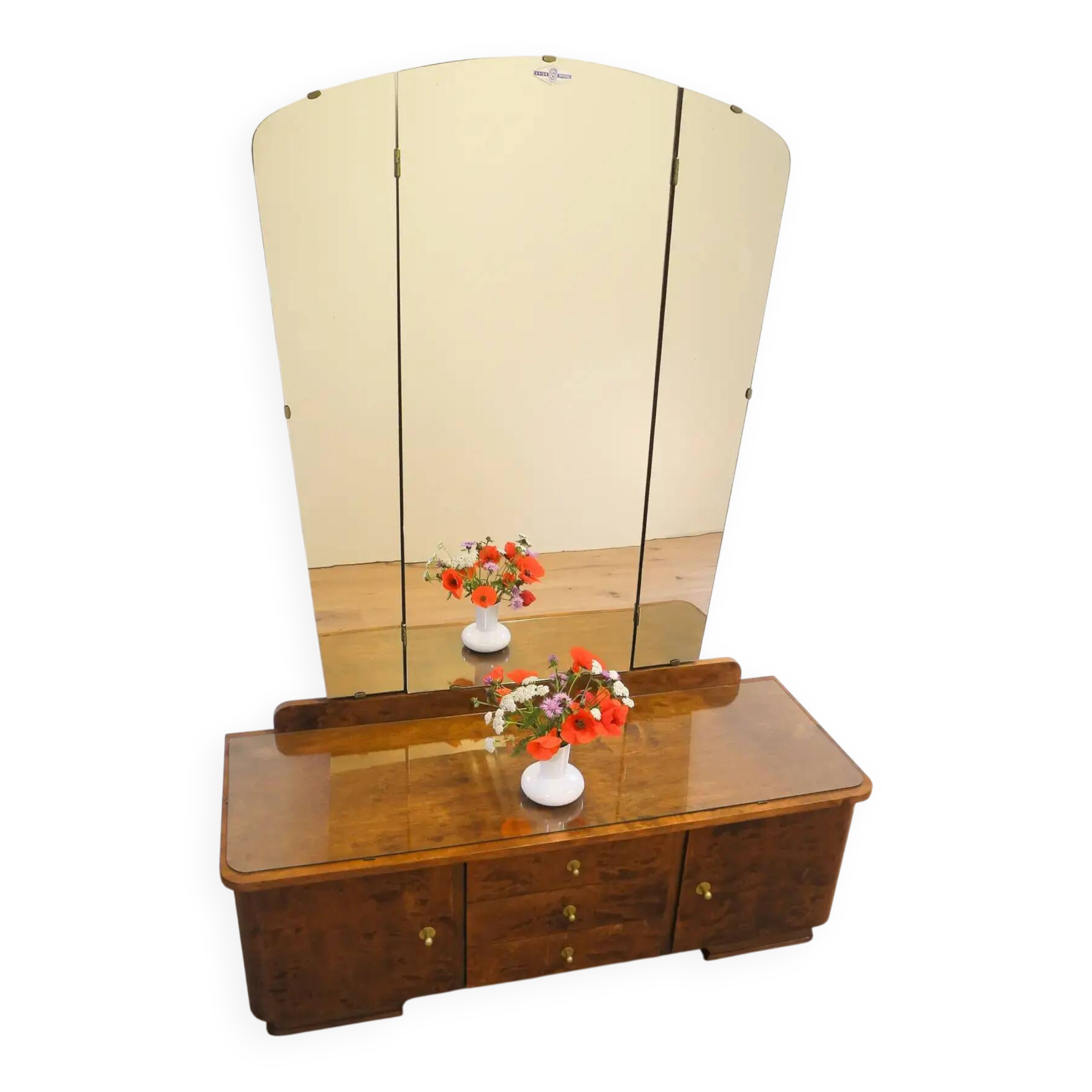 Mirror chest of drawers with swivelling mirrors, flamed birch stained, 50s