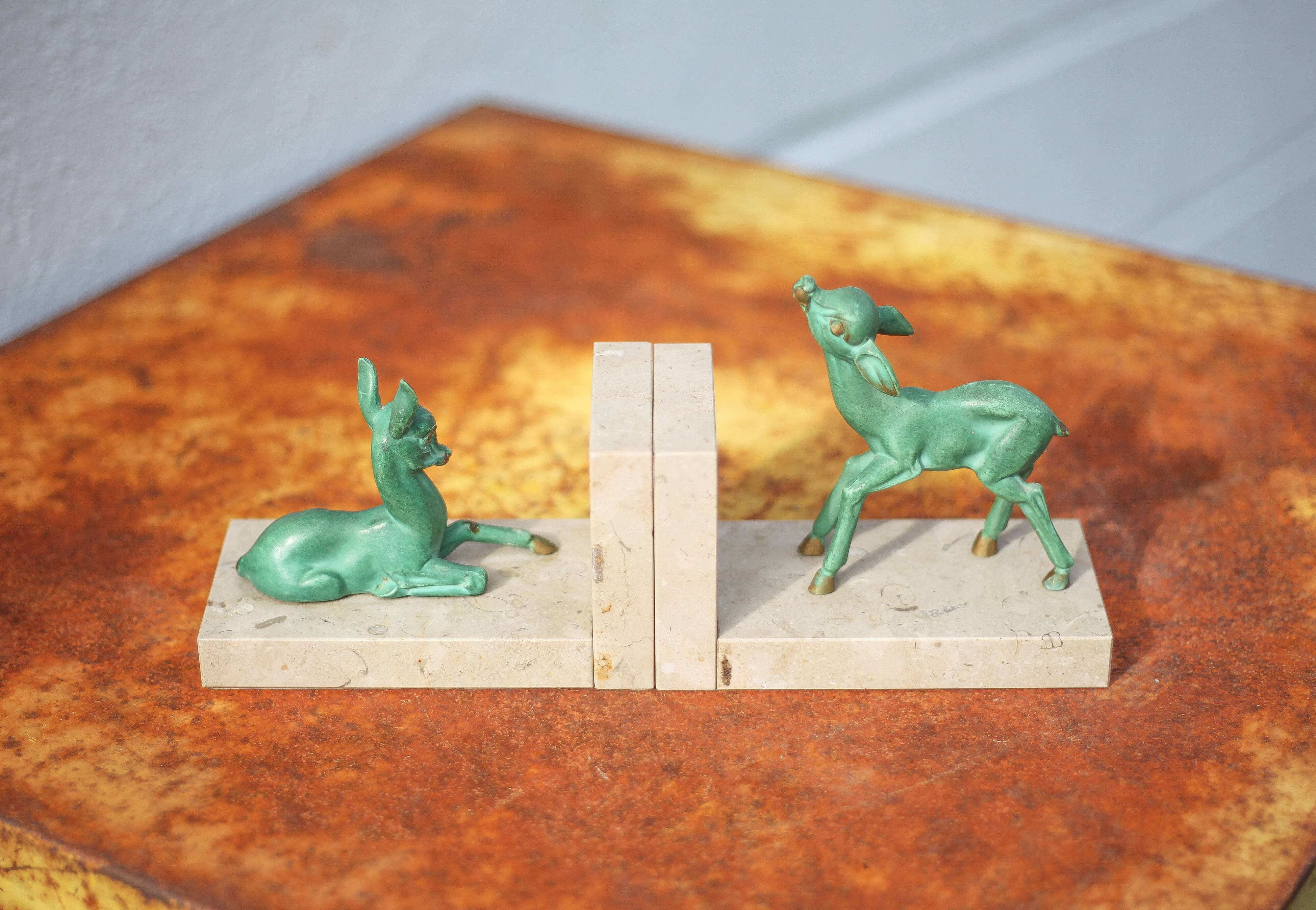 Marble and green patina metal bookends, vintage style bookends, animals, paperweight