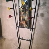 1950s metal and wood wall coat rack with mirror and umbrella stand