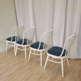 Set of 4 Vintage Bentwood White Dining Chairs in Ligna Style wit Blue Seat