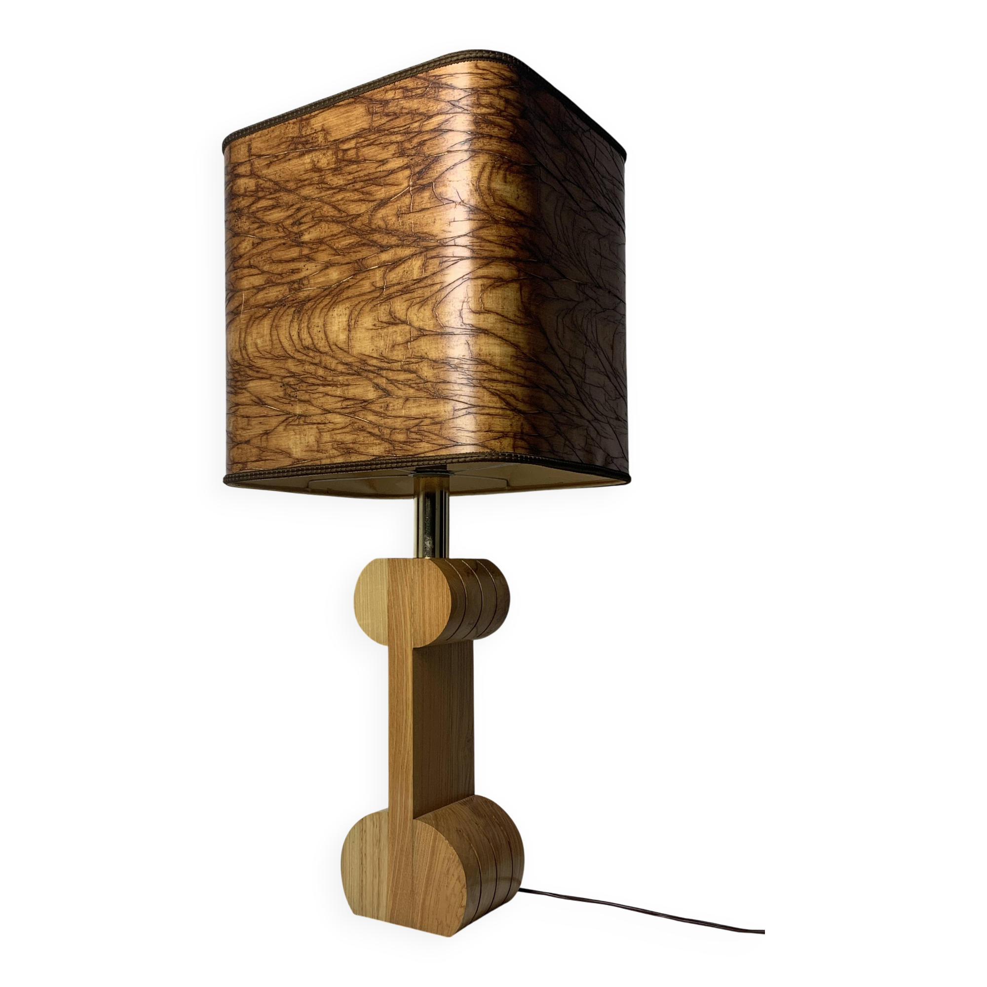 Midcentury Italian sculptural large table lamp with wood veneer shade