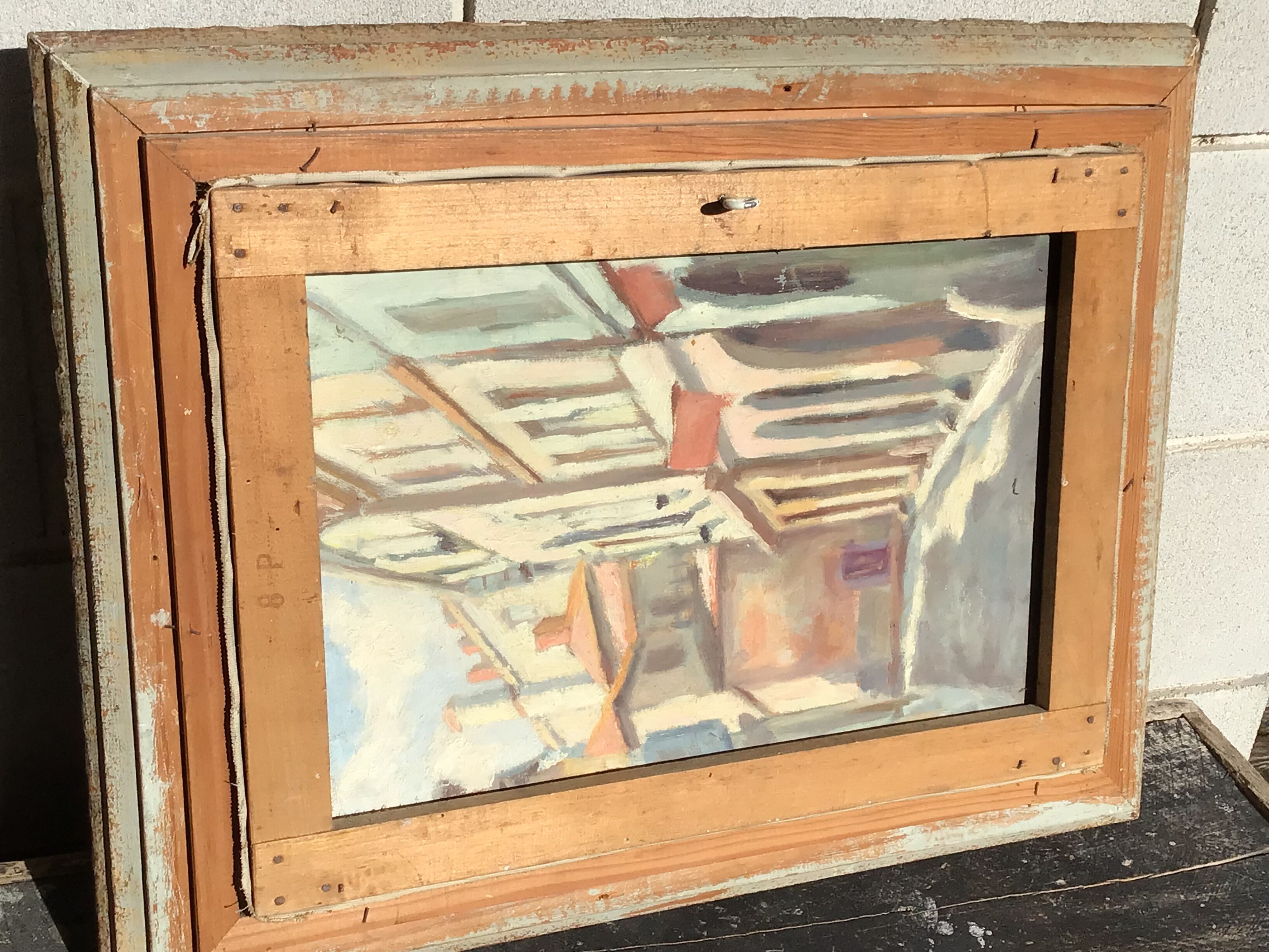Huile sur toile 1953 Jardin d’été signée cadre bois patiné