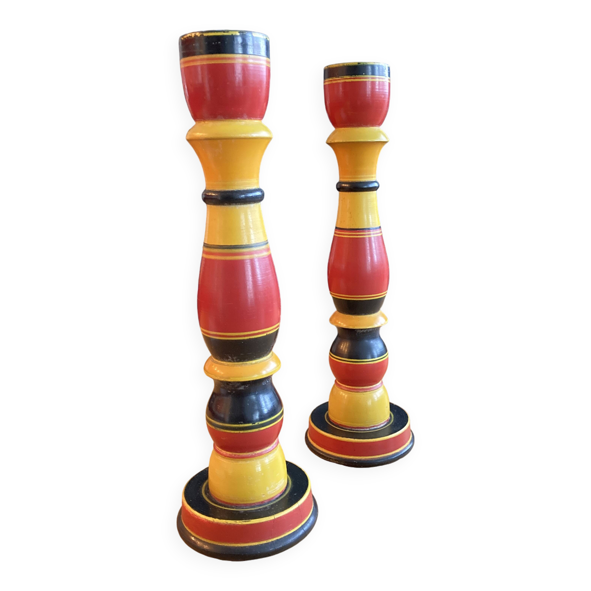 Polychrome turned wooden candlesticks
