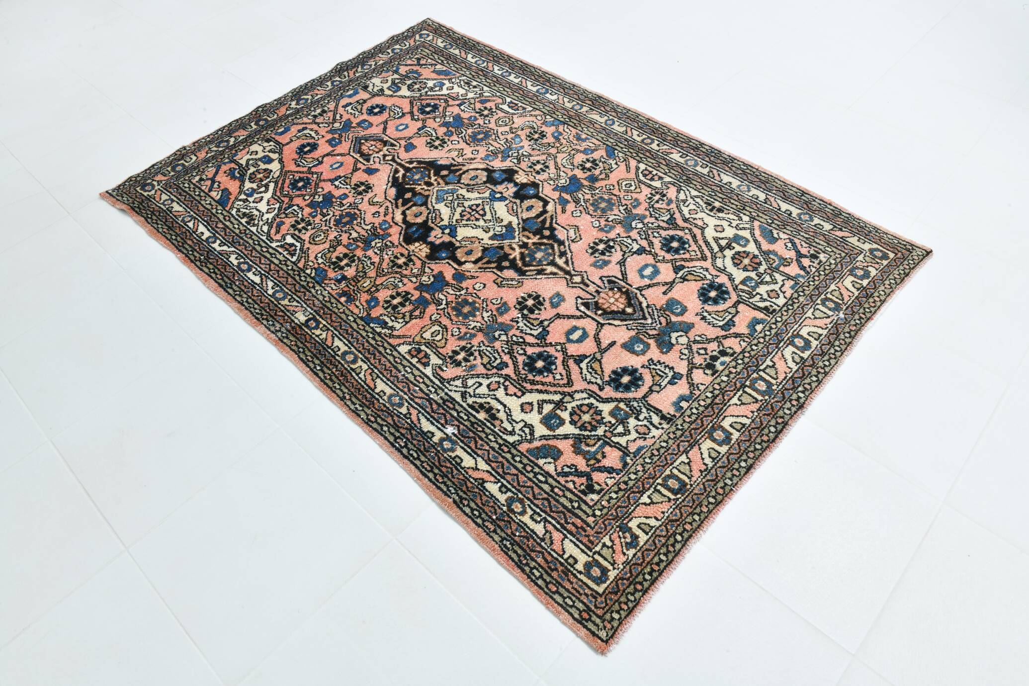 5x7 Wool Vintage Oushak Area Rug, Samon & Navy Blue Persian Rug, 142x209 Cm