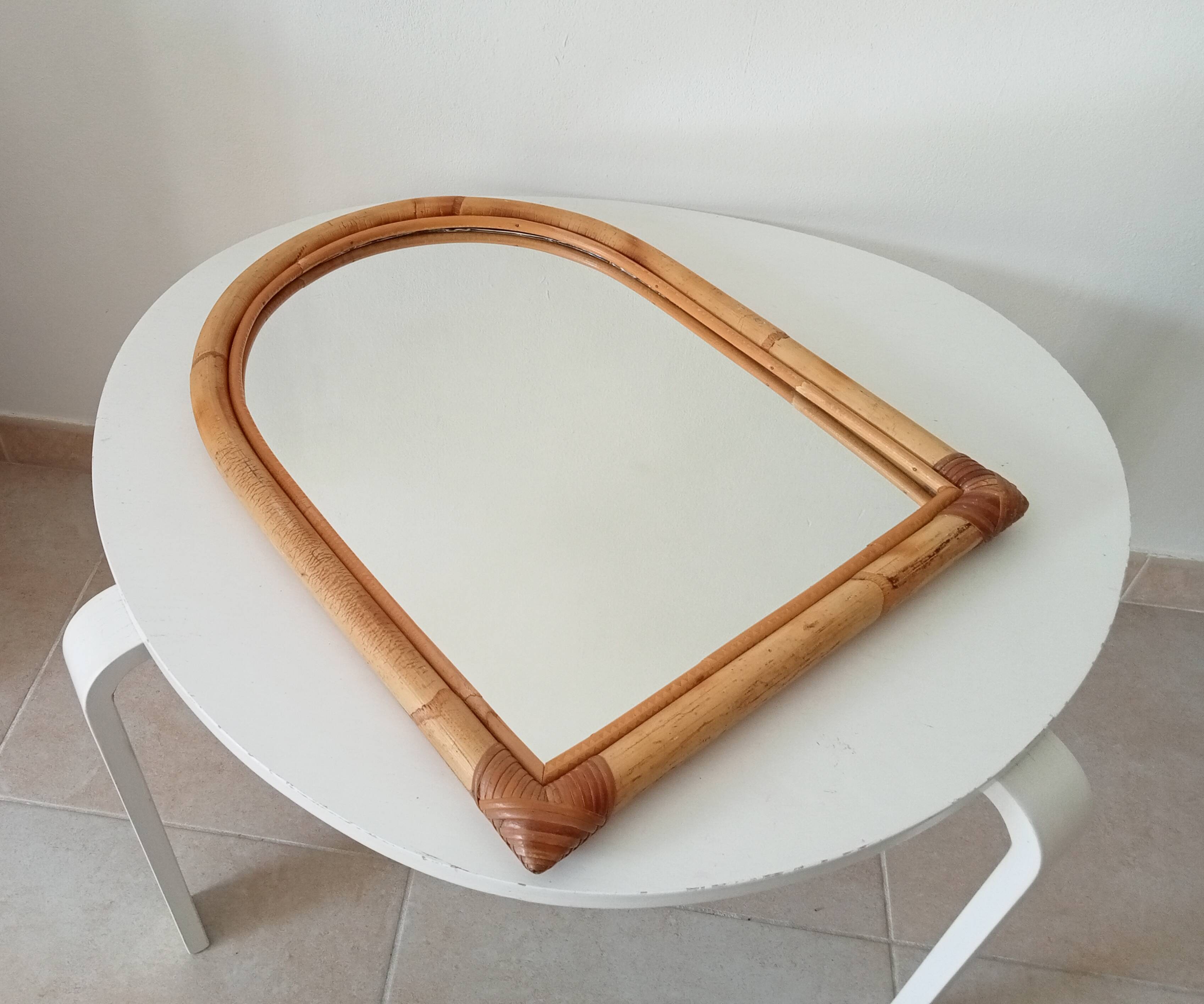 Vintage bohemian arch mirror in bamboo and rattan
