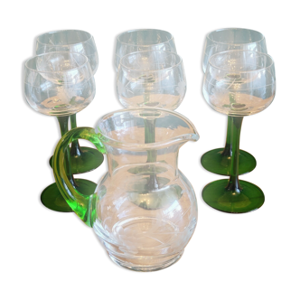 Service 6 glasses of white wine of Alsace green foot + carafe blown glass cut