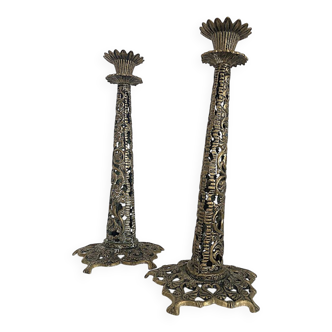 Pair of Hebrew candlesticks Tamar Jerusalem gilt bronze