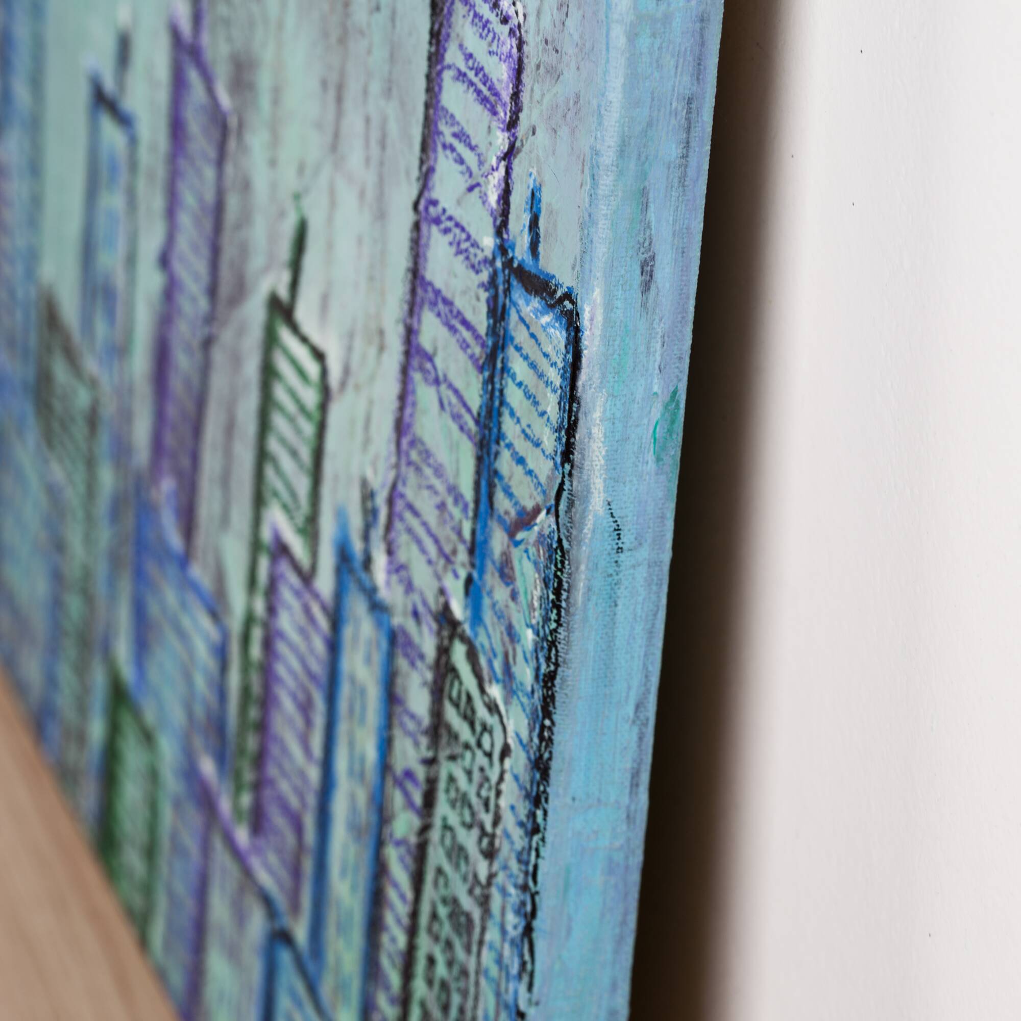 Contemporary paintig in teal, purple and green shades, acrylic on canvas