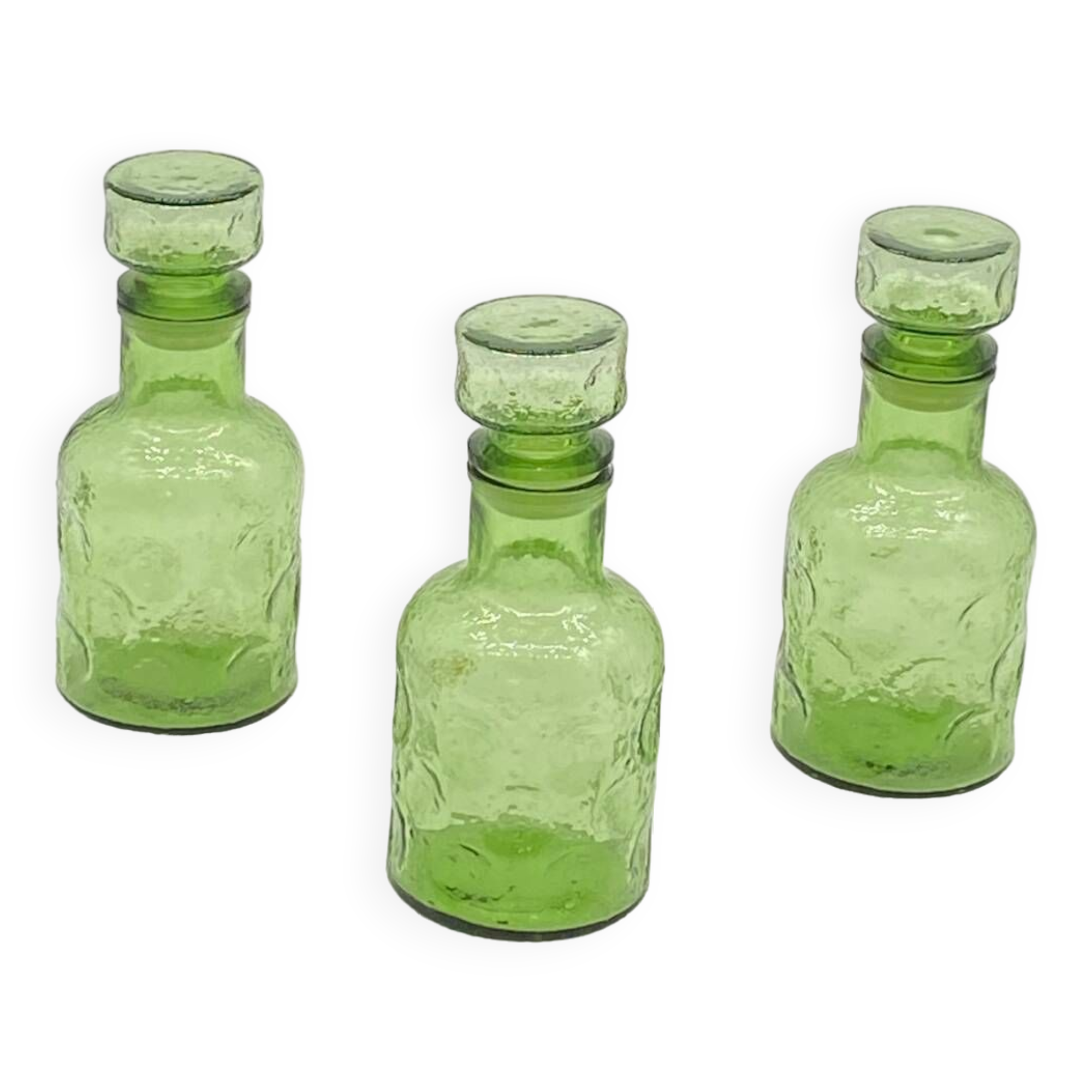 Trio of vintage bottles / carafe / jars, green glass, Nescafé