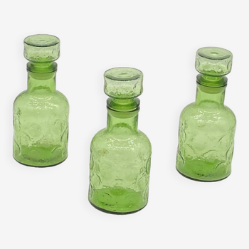 Trio of vintage bottles / carafe / jars, green glass, Nescafé