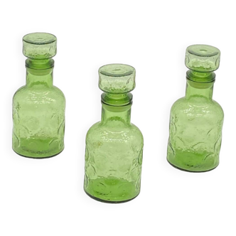 Trio of vintage bottles / carafe / jars, green glass, Nescafé