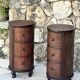 Pair of cylindrical bedside tables or drum bedside tables in exotic wood.