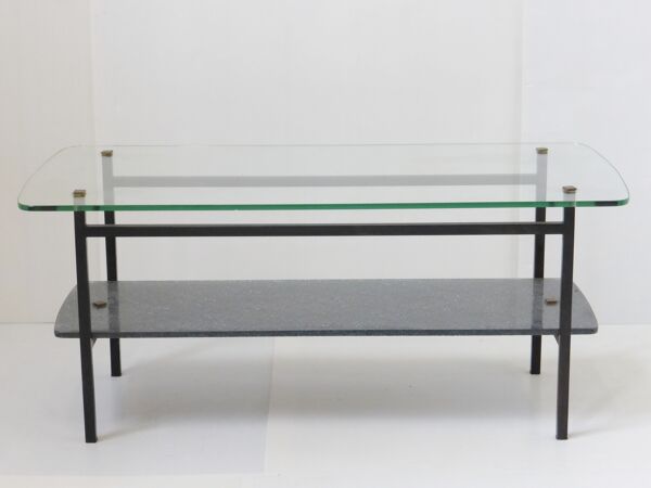 Table basse 1950 en métal et double plateau en verre vintage 50's rockabilly coffee table
