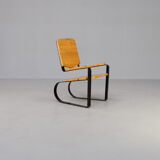 60s Unique metal cantilever framed lounge chair with pine seat