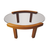 Table basse ovale en orme plateau verre fumé